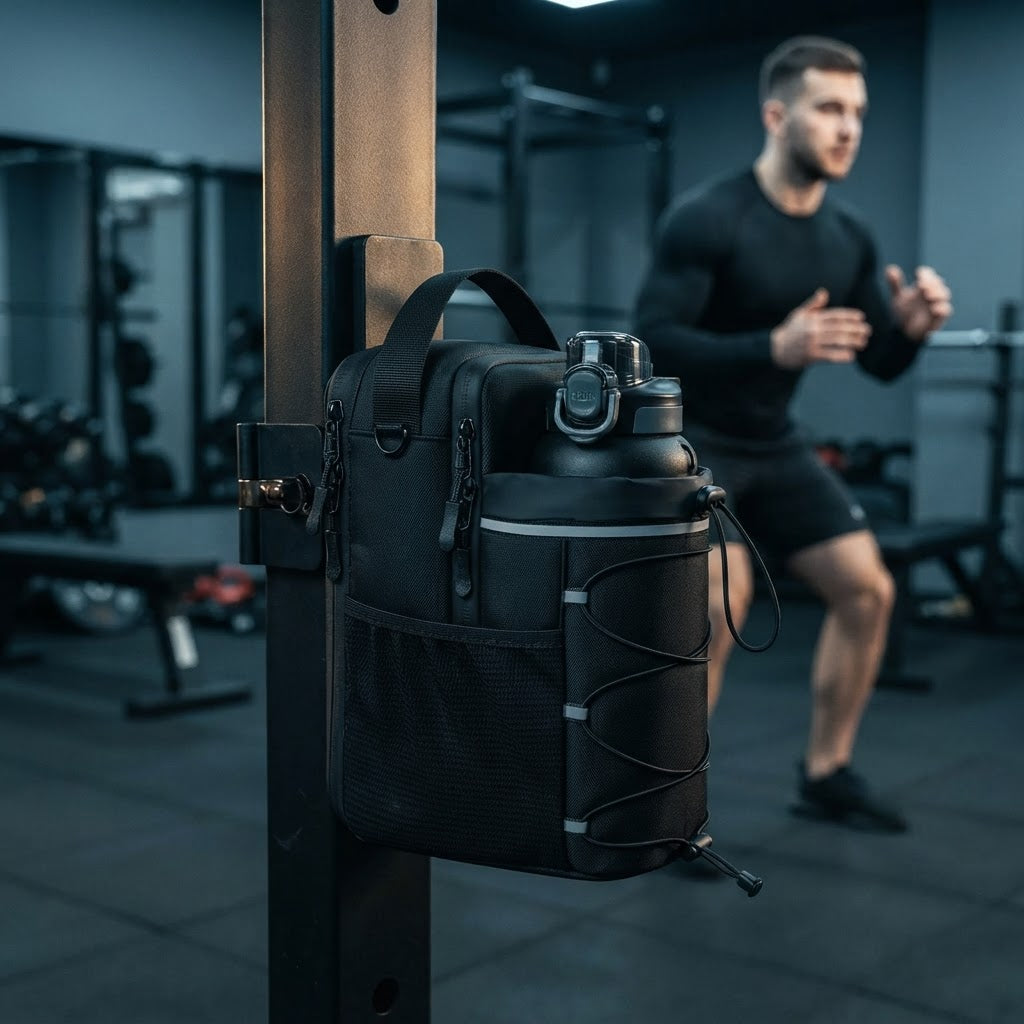 SPARTHEX Magnetic Gym Bag clamped to squat rack during workout
